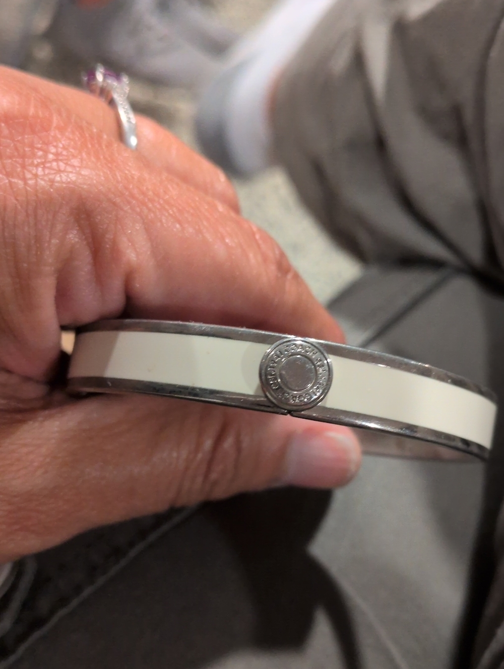 Coach OffWhite Enamel Hindged Bangle Bracelet with Silver Accents